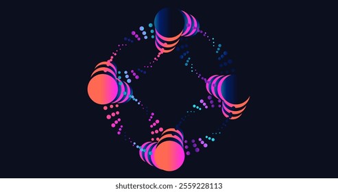 Abstract Geometric Energy Curve. Trendy 3D Technology in 80s-90s Style for Promos, Banners, Posters, Social Media, Cards, and Covers. Background Chaotic Graphic Line, Circles. Cyber, Hi-tech