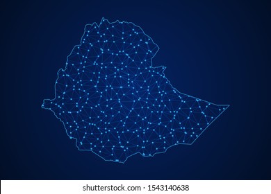 Abstract geometric of Ethiopia map polygonal line, structure and point scales on blue dark background with lights and dots. Vector illustration eps 10.