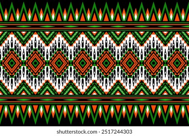 Estilo abstrato de padrão de arte étnica geométrica nas cores verde, laranja, preto e branco. Design de padrão de ornamento nativo, bordado de folclore infinito para têxteis, textura, tapete, roupas, impressão, almofada.