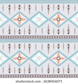   Abstract Geometric Ethnic Boho Seamless Pattern. Modern tribal repeatable design with diamond shapes and pastel colors, ideal for textile, fabric, wallpaper, yoga mats, and various design projects.