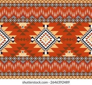 Abstract geometric ethnic fabric pattern, pixel style, full fabric pattern, orange, brown, for textile, cloth, clothes, curtains, carpets, pillows, vector illustration.