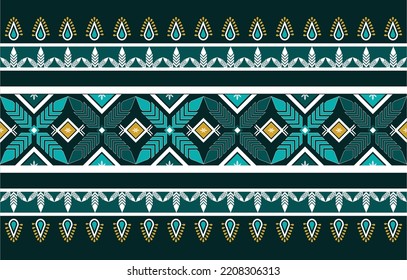 Abstract geometric ethnic pattern traditional style on green tone. Seamless pattern. Design for tile, background, wallpaper, clothing, carpet, wrapping, fabric, and embroidery. Vector illustration.