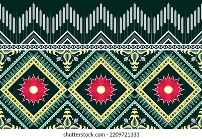 Resumen del patrón geométrico étnico estilo tradicional en tono verde. Patrón sin foco. Diseño para baldosas, fondo, papel pintado, ropa, alfombra, envoltura, tela y bordado. Ilustración vectorial.