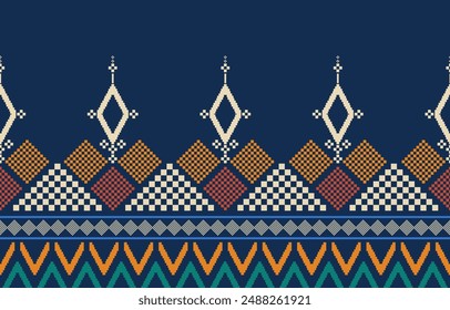 Abstract Geometric ethnic seamless pattern, Colorful Traditional Geometric Pattern with Diamonds and Zigzags in Navy Blue, Orange, Red, and Teal Design for background or wallpaper, fabric