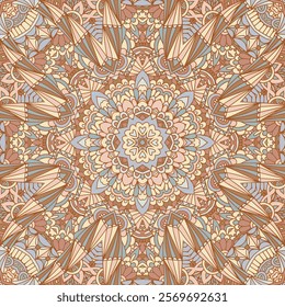  Abstract Geometric ethnic tribal print Mandala medallion seamless pattern ornamental. Brown lacy medallion