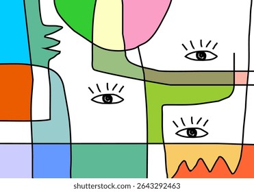 Abstract geometric eye pattern with vibrant pastel colors outlined in black, suggesting observation or surreal faces.