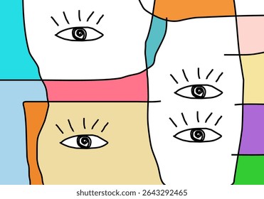 Abstract geometric eye pattern with vibrant pastel colors outlined in black, suggesting observation or surreal faces.
