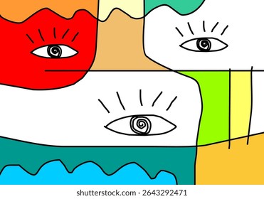 Abstract geometric eye pattern with vibrant pastel colors outlined in black, suggesting observation or surreal faces.