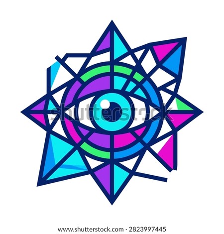Abstract geometric eye symbol with vibrant colors and intricate patterns representing vision, insight, and spiritual awareness.