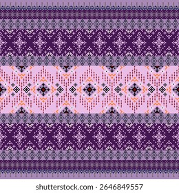Abstract geometric fabric art, ethnic, geometric style, vertical full fabric pattern, purple, pink, orange for textile, cloth, clothes, curtains, carpets, pillows, vector illustration.