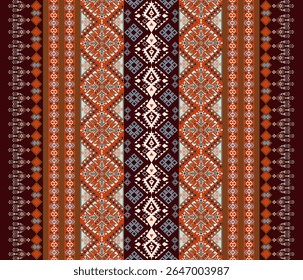 Abstract geometric fabric art, ethnic, geometric style, vertical full fabric pattern, dark brown, pastel purple, orange for textile, cloth, dress, curtain, carpet, pillow, illustration, vector.