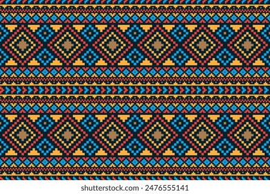 Abstract geometric fabric pattern seamless vector pixel design for clothing, fabric, background, wallpaper, wrapping, batik. Knitwear, Embroidery style. Aztec geometric art ornament print.