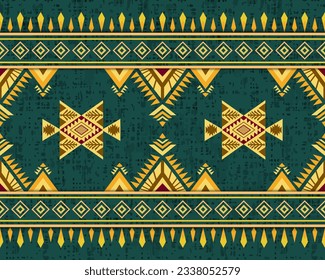 Abstract geometric fabric pattern in traditional American style. This symmetrical repeating pattern consists of Navajo symbol motifs and geometric shapes in a luxury colors theme. Vector illustration.