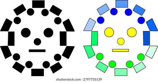 Abstract geometric face icon set, circular arrangement of shapes creating a human countenance in black and white and colorful versions