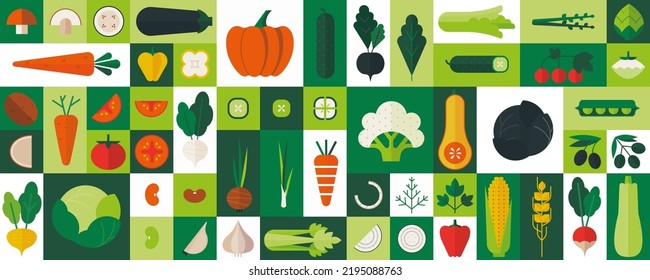 Abstract geometric farmer food. Cabbage, tomato and onion salad, green broccoli, cucumber and eggplant. Pumpkin and carrot. Garden harvest. Vegetarian organic background vector illustration icons