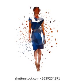 Abstract geometric fashion model catwalk. Business woman, isolated vector low poly illustration of walking woman with distortion effect