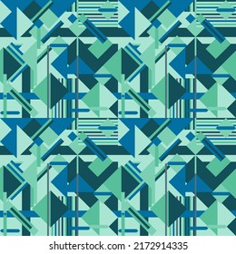 Abstract geometric fashion print. Seamless vector pattern. Geometric texture for wrapping papers, textile template. Blue and green color.