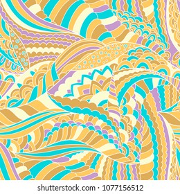 Abstract geometric festive pattern. Vector seamless doodle whimsical background. Bright colorful wallpapers.