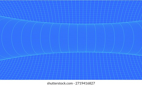 Una figura geométrica abstracta construida a partir de una cuadrícula de coordenadas de luz sobre un rico fondo azul. El área central se comprime suavemente, creando un efecto de tensión espacial y una suave curvatura de forma.