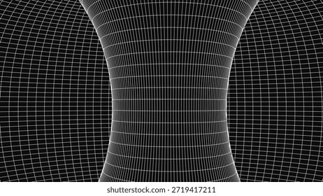 Una figura geométrica abstracta construida a partir de una cuadrícula de coordenadas claras contra un fondo oscuro. El área central se comprime suavemente, creando un efecto de tensión espacial y una suave curvatura de forma.
