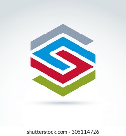 Abstract geometric figure created from different parts and lines. Vector colorful complex ornamental symbol. 