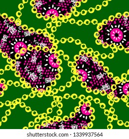 Abstract geometric figures of dark violet color with chains on a light green color
