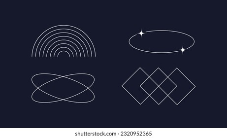 Abstract geometric figures form set. Structure of atom and motion of planet. Physics and learning materials. Template, layout and mock up. Isometric vector collection isolated on blue background