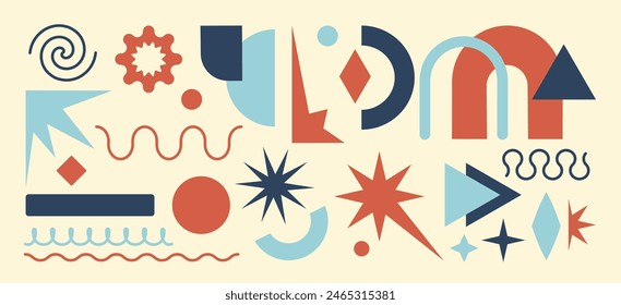 Abstractas figuras geométricas, formas y Formas. Estilo brutalista minimalista de moda. Estética de diseño suizo moderno plano. Colores retro juguetones. Elementos de Vector Básico primitivo: círculo, cuadrado, zigzag, onda