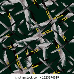 abstract geometric figures of gray and yellow colors on a dark green background