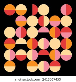 
Gráficas geométricas abstractas. Conjunto de formas circulares. Formas de estilo retro. Afiche geométrico, pancarta con figuras. Formas coloreadas abstractas