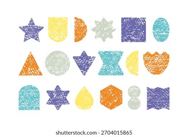 Abstrakte geometrische Figuren und Formen mit Buntstifttextur. Grafische Elemente in Form von Stern, Kreis, Dreieck und Quadrat. Geometrische Aufkleber mit Kreidetextur, Vektorgrafik
