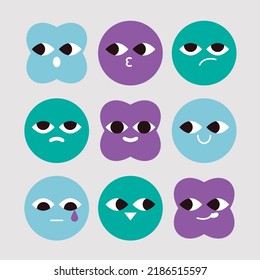 Abstract geometric figures with various face emotions.