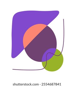 Abstract geometric figures. Violet and green circles, blue triangle. Minimalistic art object. Fantasy and imagination. Template and layout. Flat vector illustration isolated on white background