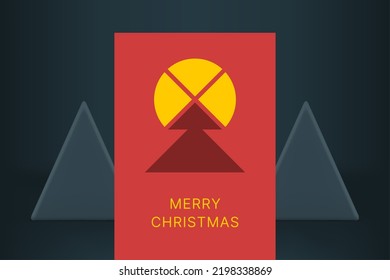 Abstract geometric fir tree with yellow circle top minimalist Merry Christmas greeting card vector illustration. Happy New Year red poster winter traditional holiday congratulations invitation cover