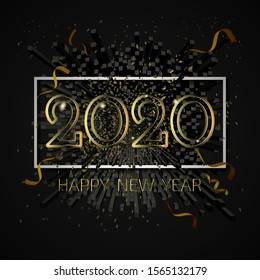 Abstract geometric firework and confetti vector illustration for happy new year celebration 2020 on black background