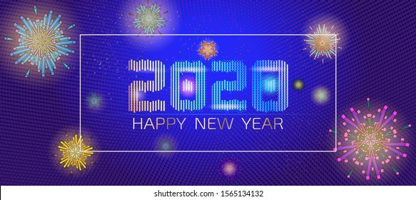 Abstract geometric firework vector illustration for happy new year celebration 2020 on purple blue night background