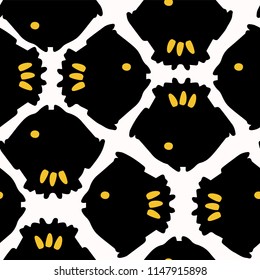 Abstract Geometric Fish Grid, Vector Pattern Seamless Background, Bold Hand Drawn Graphic Illustration for Trendy Home Decor, Modern Fashion Print, Wallpaper, Kitchen Decor, High Contrast Black Yellow