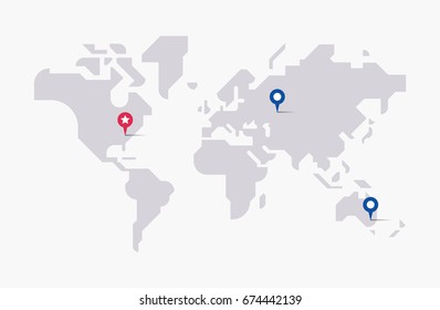 Abstract geometric flat world map with pointers isolated on light background. Vector Illustration.