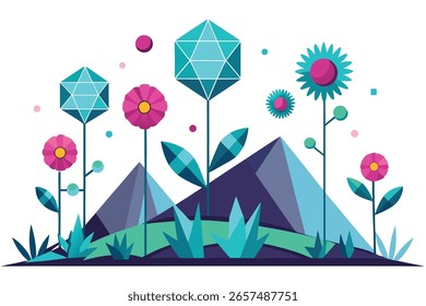 Abstract geometric flora with mountains and circular elements in shades of blue, green, pink, and purple on a white background.