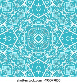 Abstract geometric floral background, seamless doodle lace pattern, repeating graphic texture. Tribal ethnic ornament, blue and white vector illustration.