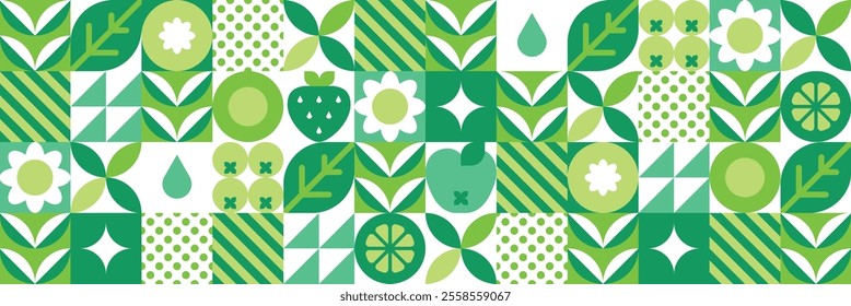 Abstract geometric floral background.Natural icons set in flat style.Leaves, flowers, fruits and berries.Seamless pattern in green colors.Bauhaus design.Organic food.Vector botanical illustration. 