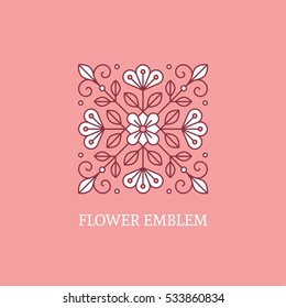 Abstract geometric floral emblem. Square logo template in soft colors