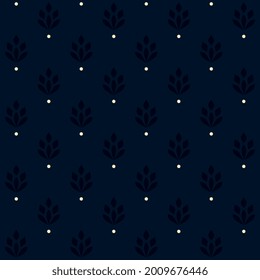 Abstract geometric floral motif pattern simple monotone blue continuous background. Modern ditsy floral fabric design textile swatch ladies dress, man shirt all over print block.
