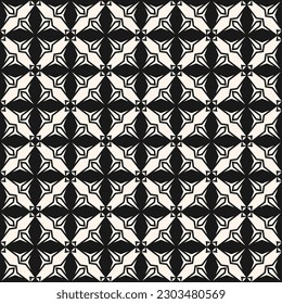 Abstract geometric floral ornament with gothic elements, flower silhouettes, grid, repeat tiles. Simple black and white texture. Vector monochrome seamless background pattern. Elegant repeated design