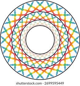 Abstrato padrão floral geométrico de círculos concêntricos com cores vibrantes, criando um elemento de design decorativo adequado para fundos, artes digitais ou fins ilustrativos.