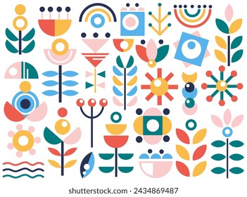 Abstract geometric floral pattern design with flower plants and botanic shapes set vector illustration. Natural organic creative eco ornaments with foliage, berries and blossoms graphic prints