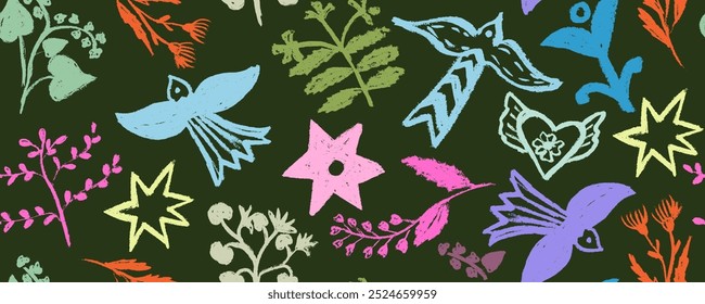  Abstractas patrón floral geométrico con aves exóticas. Plantas de flores orgánicas naturales Formas y pájaros coloridos.  Vector ilustración colorida