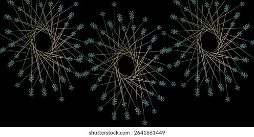 Abstract geometric floral pattern featuring spiraling shapes and delicate flower-like elements in a symmetrical design. Modern, artistic, and suitable for backgrounds, wallpapers, projects.