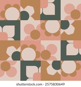 Abstract geometric floral pattern with flowers arranged in mosaic tiles in a subtle color palette of pink, yellow, green and off white. A seamless vector pattern. Great for homedecor, fabric,wallpaper