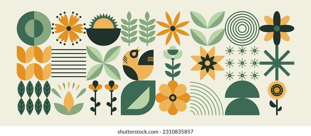 Abstract geometric floral pattern. Natural organic flower plants shapes, eco agriculture concept. Vector minimal illustration
